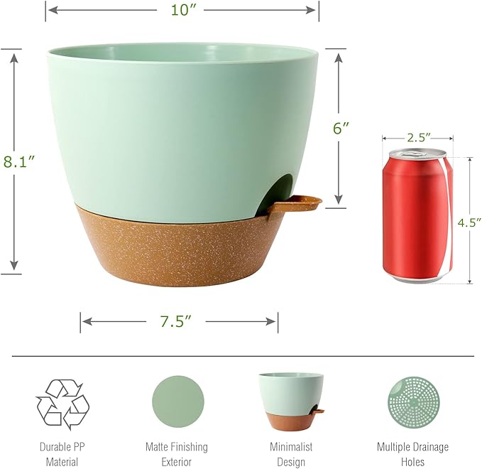 WOUSIWER 10 inch Self Watering Planters, 2 Pack Large Plastic Plant Pots with Deep Reservior and High Drainage Holes for Indoor Outdoor Plants and Flowers, Green with Terracotta