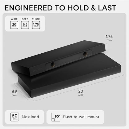 Homeforia Black Floating Shelf 20 inch, High End Solid Real Wood 20inch - Image 3