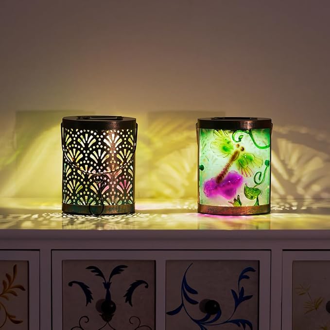 2 Pack Glass Dragonfly Solar Lanterns Outdoor Waterproof, Hanging LED Solar Lantern for Tabletop Garden Patio Decor