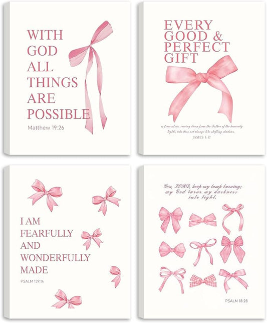 SEHSUVC Coquette Pink Bow Bible Verse Wall Art Set of 4, Christian Scripture by Unknown
