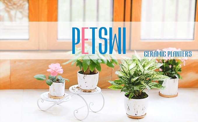 7 Inch Ceramic Plant pots (Set of 2), 7 Inch 5.5 Inch Modern Flower Planter, Gold Marble Gardening Pots with Drainage Hole and Saucer for Outdoor Indoor Yard Garden Home Office Decoration.