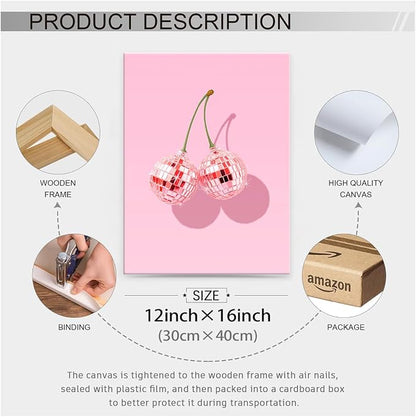Funky Pink Cherry Poster Retro Disco Ball Canvas Wall Art 12X16 inch Framed - Image 2