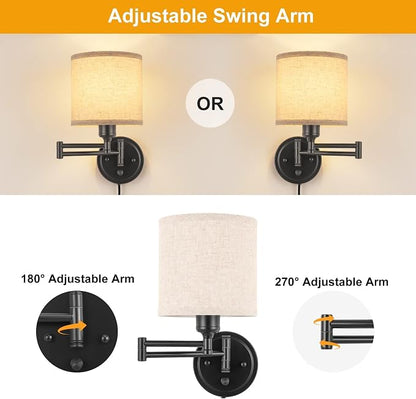 GOODATE ENCOMLI Dimmable Plug in Wall Sconces, Swing Arm Wall Lamp, Wall - Image 7