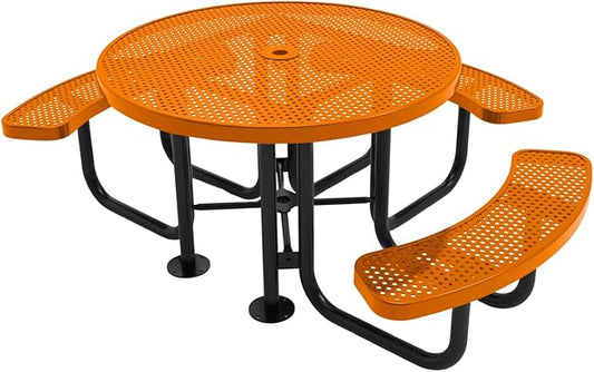 Heavy-Duty Portable Outdoor Picnic Table with Umbrella Hole, Punched Steel Patio Dining Furniture Made in America (46" Round Top, Orange)