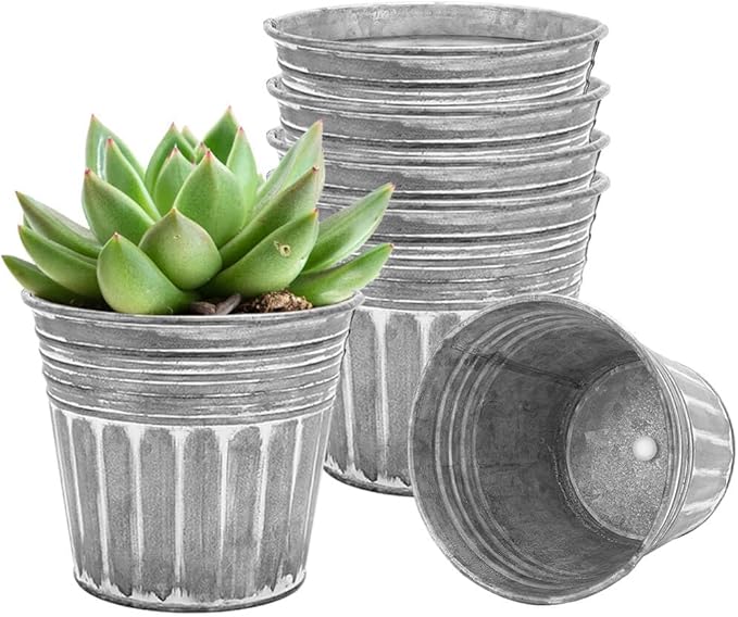 vensovo 4 Inches Silver Metal Rustic Flower Pots - 6 Pcs Small Galvanized Planters with Drainage Hole and Rubber Plug, Rustproof Tin Bucket Plant Pot Farmhouse Vintage Style for Decor