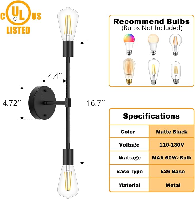 FadimiKoo 2-Light Black Bathroom Lighting Over Mirror, Modern Sconces Wall - Image 2