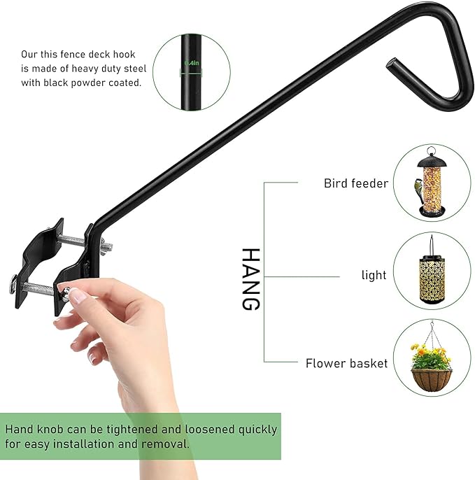 2 Packs 11 inches Fence Deck Hook Rail Hook Hanging Hook Mounting Kit Heavy Duty Bird Feeder Hook Decorative Hook Hanger for Bird Feeders Planters Suet Baskets Lanterns on Balcony Porch Railing Fence
