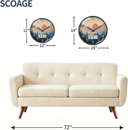 14" Silent Non-Ticking Wall Clock, Mid-Century Modern Wilderness Sunset - Image 2
