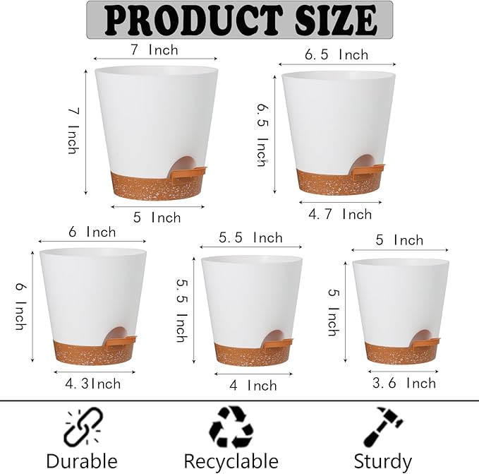 Plant Pots Outdoor Self Watering Pots, Flower Pots with Drainage Hole and Reservoir White Plastic Planters for Indoor Plants Home Decorations Gift Idea 5Pack