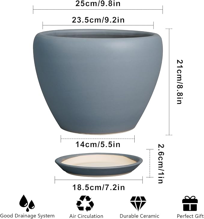 10 Inch Plant Pot - Ceramic Planter for Indoor Plants Large Plant Pot with Drainage Hole and Saucer Round Outdoor Planter Modern Flower Pot for Home Decor Gray