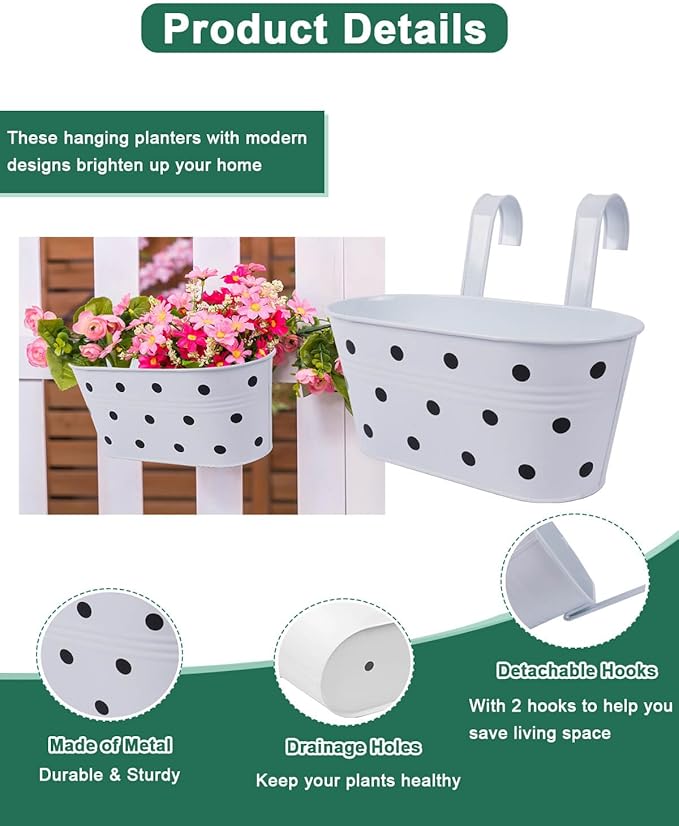 vensovo Metal Railing Planter for Outdoor Plants - 3 Pack Balcony Hanging Flower Pots with Detachable Hooks and Drain Holes Oval Bucket Rail Box Fence Planters for Home Garden Decor, White with Spot