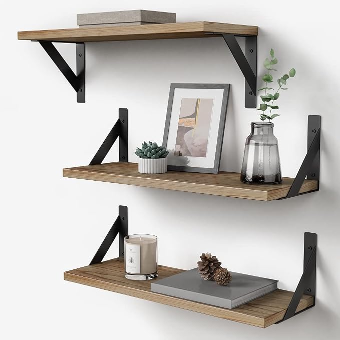 Floating Shelves with Black Metal Brackets Set of 3, Light Wood Wall Bookshelf by Forbena