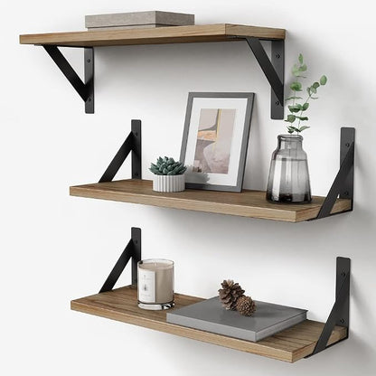 Floating Shelves with Black Metal Brackets Set of 3, Light Wood Wall Bookshelf by Forbena