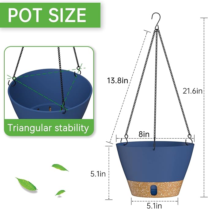 ZMTECH Hanging Planters for Indoor Plants Set of 2 Self Watering Hanging Pots Hanging Baskets Hanging Flower Pots for Outdoor Hanging Plants(8 Inch, Blue)