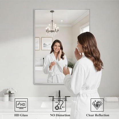 Koonmi Silver Rectangle Wall Mirror, 24x36 Inch Bathroom Mirror, Aluminum Frame - Image 3