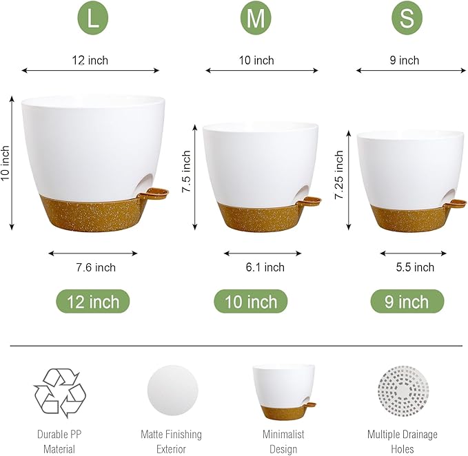 Large Self Watering Pots, 12/10/9 Plastic Planters with High Drainage Holes and Deep Reservoir for Indoor Outdoor Garden Plants and Flowers, White with Brown