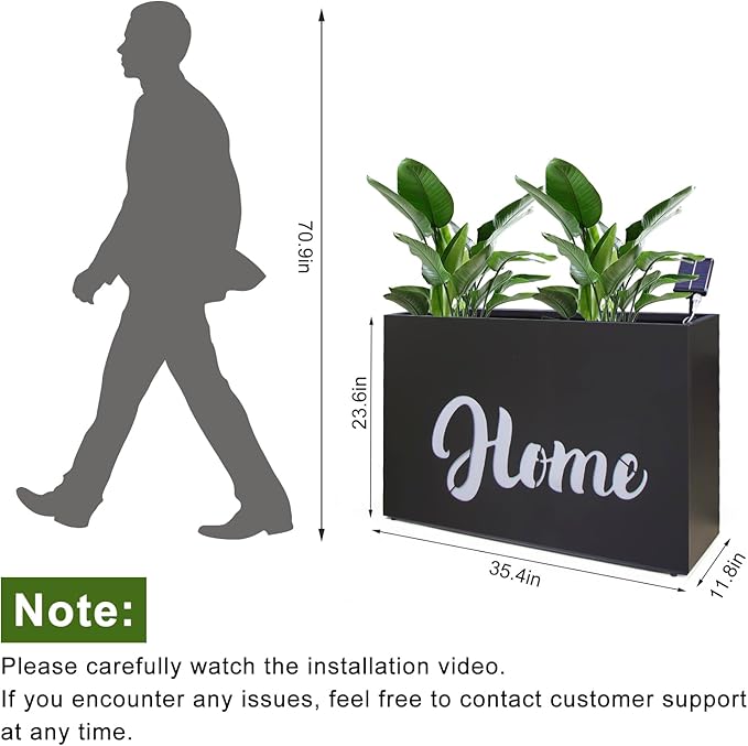 Metal LED Planter Box Rectangular Block - Galvanized Steel Long Planters Box with Solar Light Outdoor All-Weather Use with Drainage Holes for Cafe Bar Mall Patio/Porch/Entrance, 35.5×24×12IN（Home）