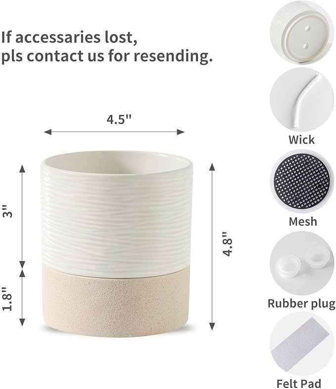 Nihow Self Watering Plant Pot: 4.5 Inch Ceramic Planter with Drainage Hole & Water Storage Plus for Indoor & Outdoor Plants - Cylinder Flower Pot for Herbs/Violets - White & Brown