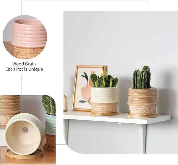 OMAYKEY 4 Inch Ceramic Plant Pot with Saucer, Water Transfer Printing Grain Planters Pots with Drainage Hole & Mesh Pads for Succulent, Indoor Flowers, Snake Plants, Cactus, Herbs, Set of 4