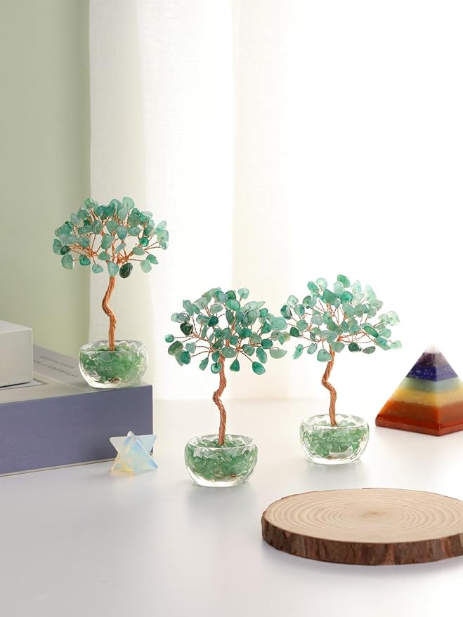 Jovivi Small Green Aventurine Crystal Tree, Natural Crystal Healing Stones Tree Glass Bowl Base Gemstone Money Trees Feng Shui Good Luck Home Desk Decor