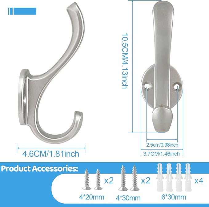 6 Pack Coat Hooks Wall Mount Heavy Duty Utility Retro Double Hooks - Image 3