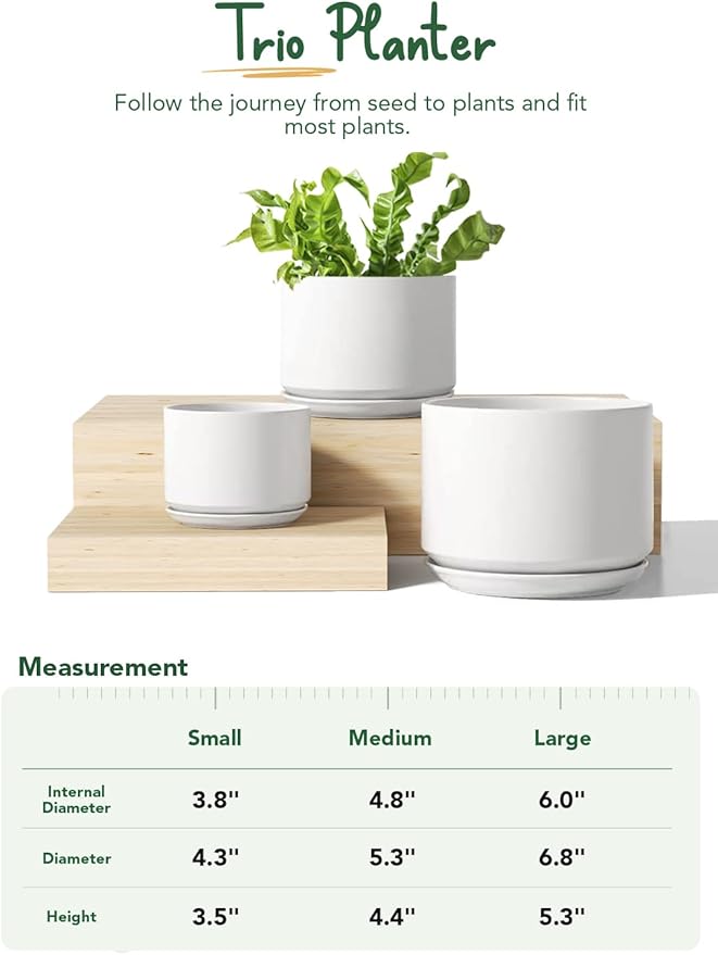 LE TAUCI Ceramic Plant Pots, 4.3+5.3+6.8 inch, Set of 3, Planters with Drainage Hole and Saucer, Indoor Flower Pot with Hole Mesh Pad, Gifts for Mom, White