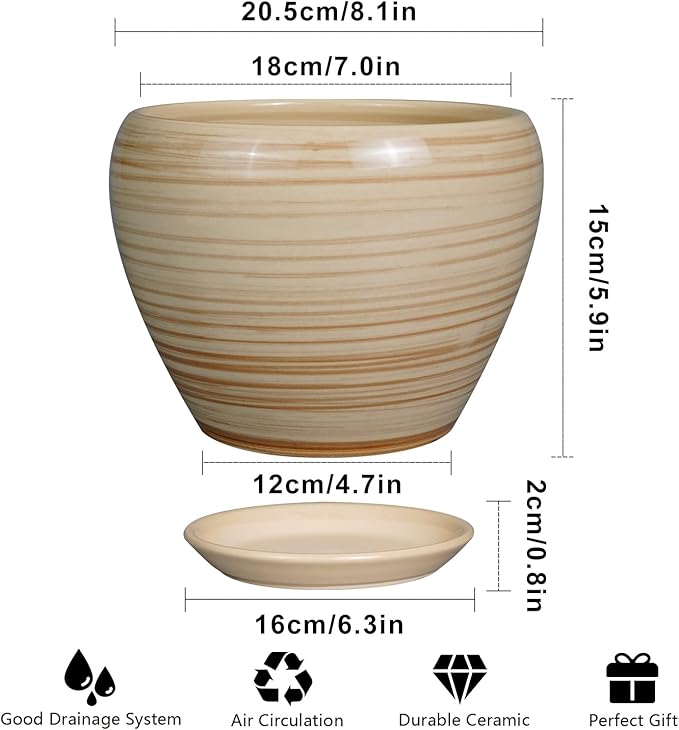 Planter 8 Inch - Indoor/Outdoor Ceramic Plant Pot With Drainage Hole and Saucer, Round Modern Flower Planter for Succulents, House, Patio - Yellow