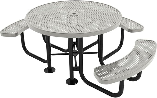 Heavy-Duty Portable Outdoor Picnic Table with Umbrella Hole, Punched Steel Patio Dining Furniture Made in America (46" Round Top, Textured Grey)