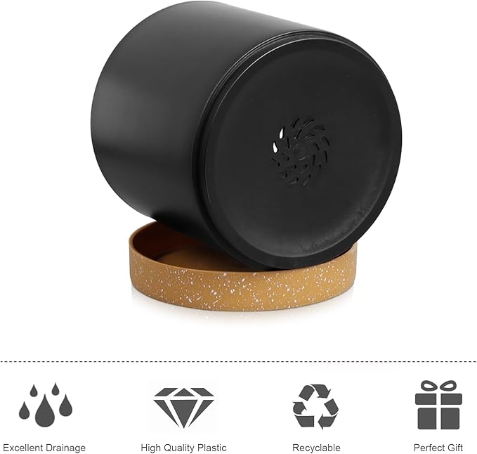 3 Pack 6/5/4 inch Cylindrical Flower Pots, Modern Small Round Plastic Plant Pots with Drainage Holes & Saucers, Clean and Refined Planter Pots for Outdoor, Indoor & Office Decor (Black Brown)