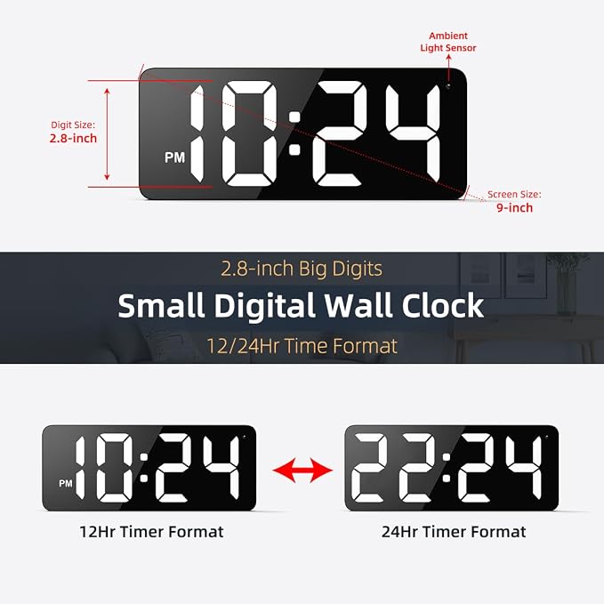 LED Digital Wall Clock with Large Display, Big Digits, Auto-Dimming, 12/24Hr - Image 2