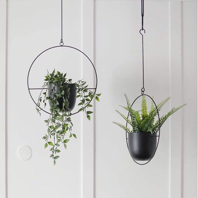 Hanging Planter for Indoor Outdoor Plants Metal Mid Century Minimalist Wall Ceiling Plant Hanger Hanging Flower Pot Basket Holder for Home Office Décor, Black