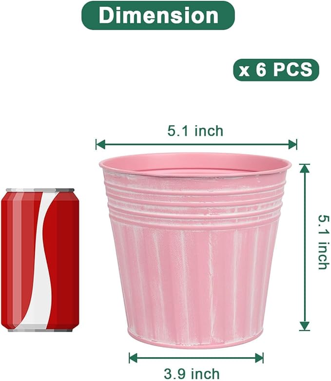 vensovo 5 Inches Pink Metal Rustic Flower Pots - 6 Pcs Small Galvanized Planters with Drainage Hole and Rubber Plug, Rustproof Tin Bucket Plant Pot Farmhouse Vintage Style for Decor