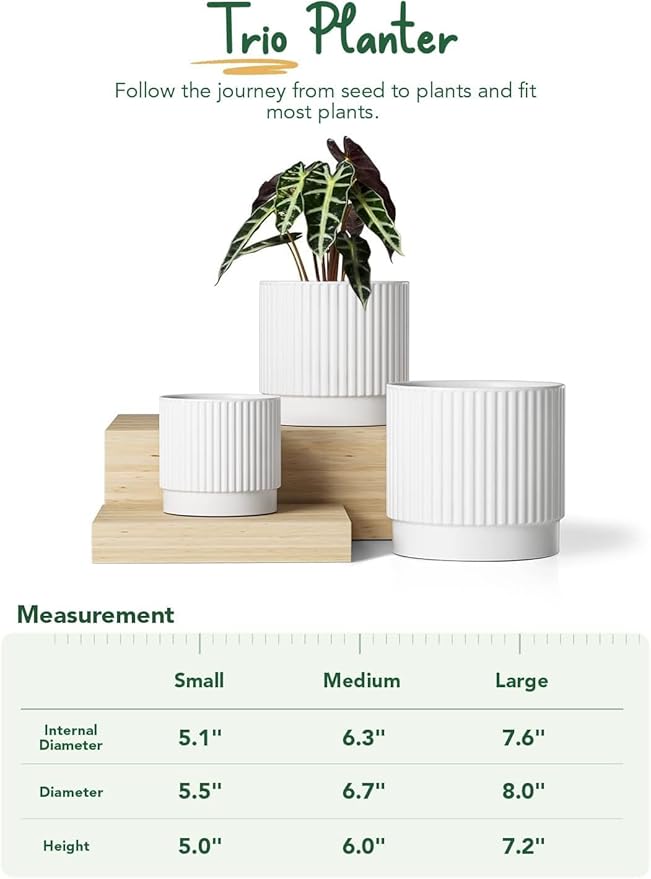 LE TAUCI Ceramic Plant Pots with Drainage Holes, Set of 3, 8+6.7+5.5 Inch Stripe Garden Planter Pots for Outdoor Indoor Plants Flower, Round Succulent Orchid Flower Pot, Small to Large Size, White
