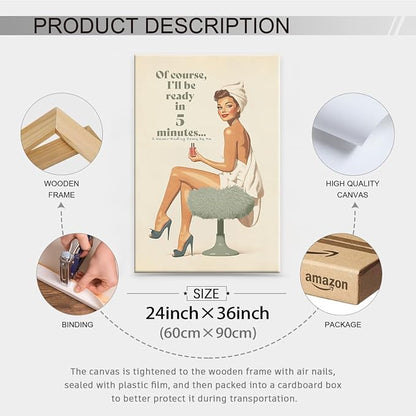 Boho Sage Green Bathroom Poster Vintage 70s Pin Up Girl Wall Art 24X36 inch - Image 2