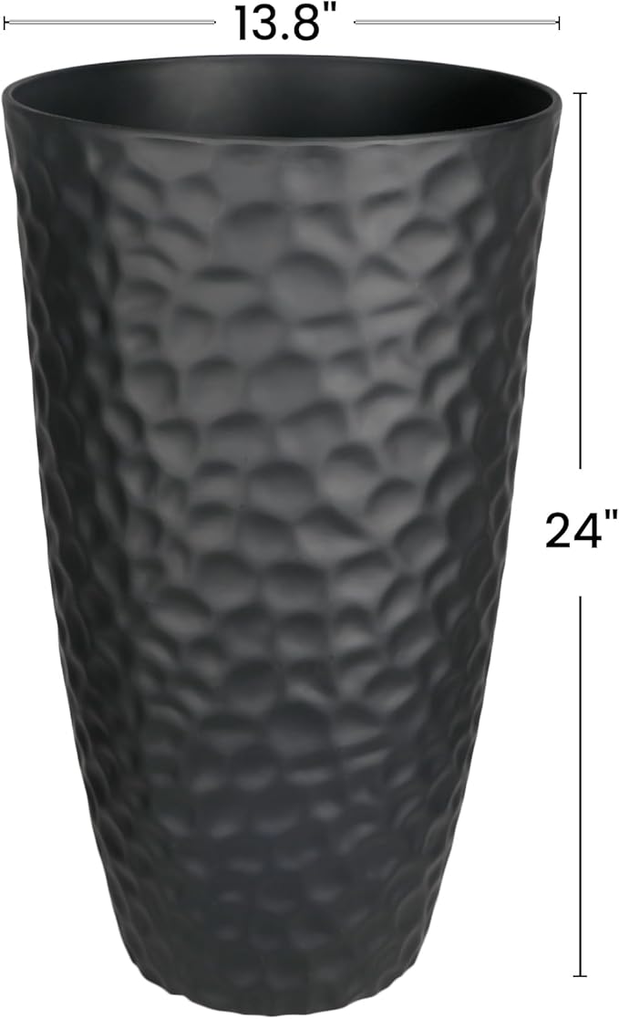 Worth Garden 24" H Tall Hammered Texture Planters Set of 2 - Matte Black Plastic Flower Pot with Drainage Holes, Modern Outdoor Indoor Lightweight Pots for Large Plants, Durable Decor Containers