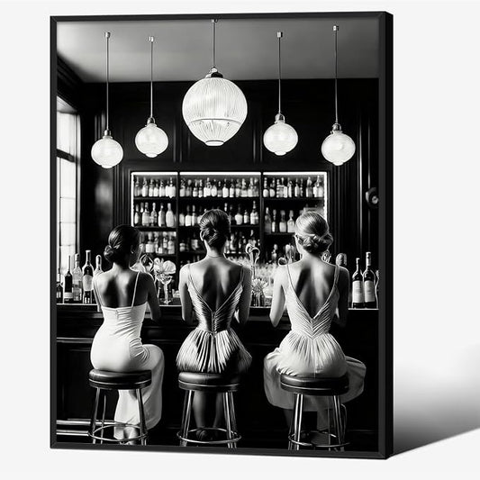 Vintage Black and White Black Framed Wall Art Trendy Women Drink Cocktail by FuSatisYilife
