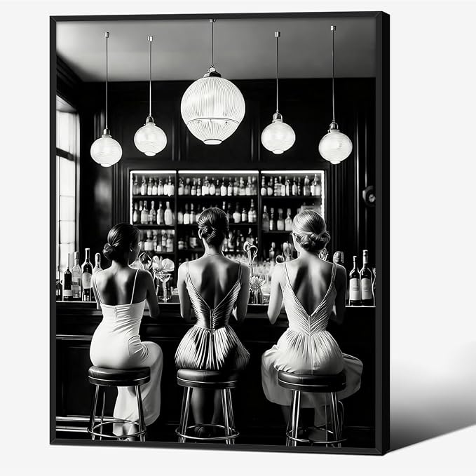 Vintage Black and White Black Framed Wall Art Trendy Women Drink Cocktail by FuSatisYilife