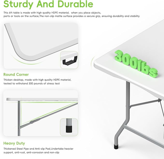 HLPB Folding Table Picnic Table Set, 6 ft Camping Table with 2 Benches, Outdoor Indoor Portable Folding Furniture for Working Meeting Party, Camping, Picnic, Weddings w/Handle and Safety Locks, White