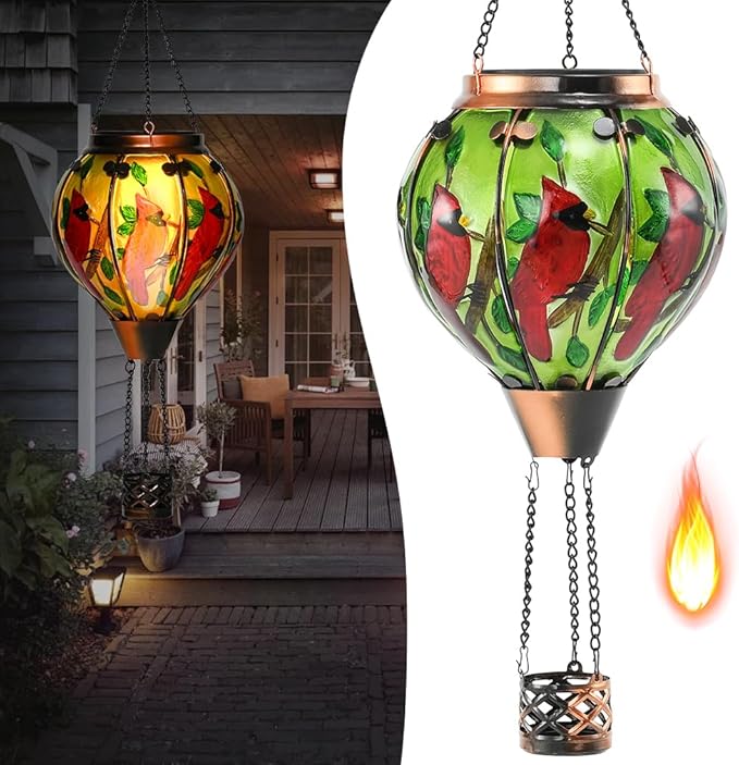 Hot Air Balloon Solar Lantern - Cardinal Bird Glass Lantern with Simulated Flickering Flame, Outdoor Hanging Yard Light Waterproof IP65 & Weather Resistant for Garden Patio Lawn Porch Decor Gfit