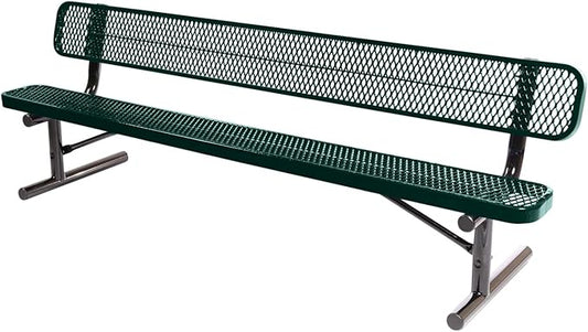 Heavy-Duty Portable Outdoor Bench Thermoplastic Coated, Expanded Metal, Commercial-Grade Seating, Made in America (Portable with Back, 8 Ft, Dark Green)