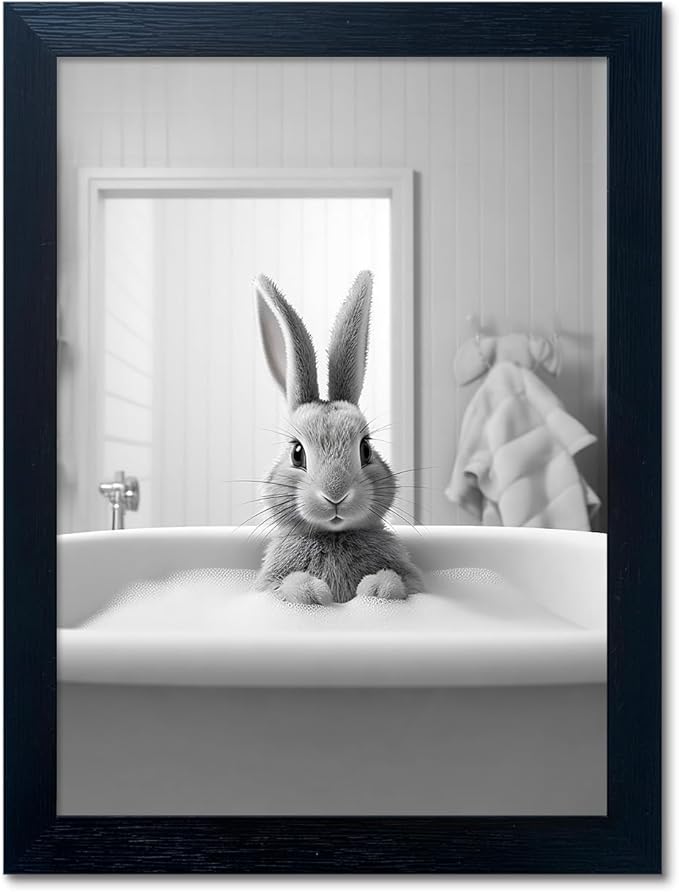 Kids Bathroom Wall Art Black and White Cute Animal Canvas Print Painting Funny by Melpa+Art