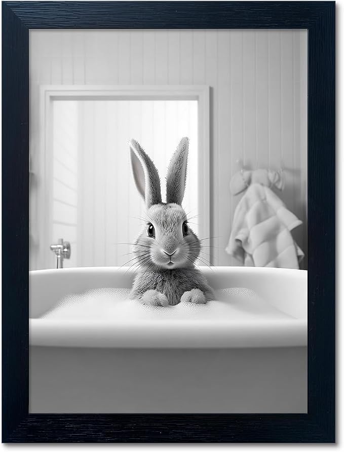 Kids Bathroom Decor, Funny Rabbit in Bathtub, Framed Farmhouse Picture Wall by Melpa+Art