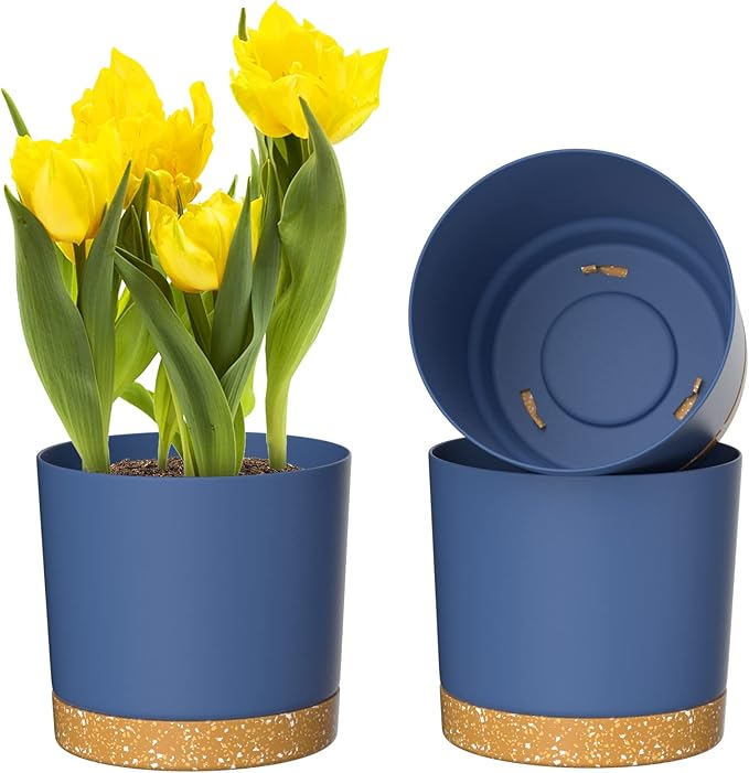 ZMTECH Plant Pots, Set of 3 8'' Self Watering Plastic Planter with Drainage Hole and Saucer, Modern Decorative Flower Pot for Indoor Outdoor House Plants, Succulents, Flowers - Blue