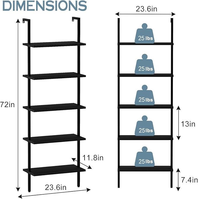 aboxoo Ladder Shelf Open 5-Tier Bookshelf Wall-Mounted Black Wood Bookcase - Image 3