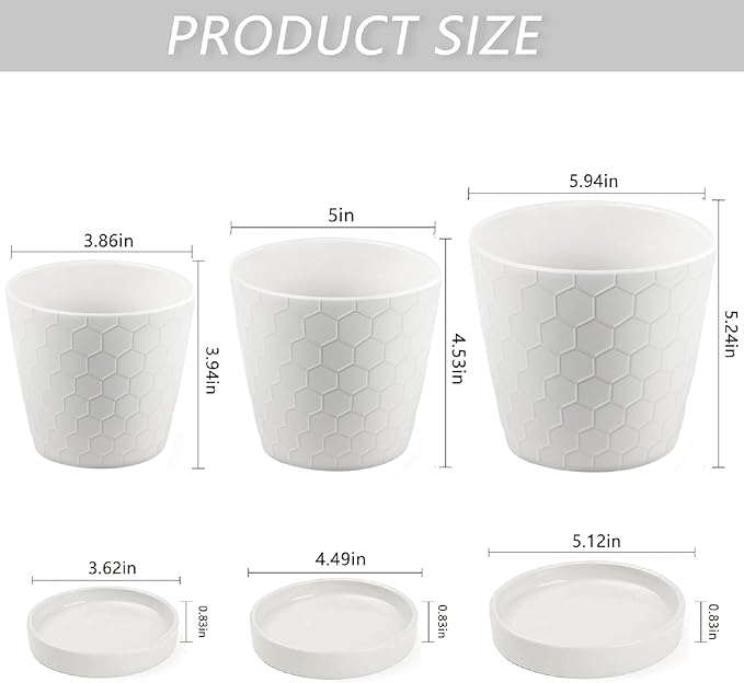 Ceramic Plant Pots,4+5+6 Inch Pots for Indoor Plants,Planters with Drainage Holes and Ceramic Tray, Indoor Flower Pots Gardening Home Desktop Office Windowsill Decoration Gift,Set of 3 (White)