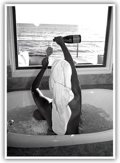 Trendy Black and White Posters Funny Woman Drinking Wine in Bathtub Wall Art by Acqooeakt