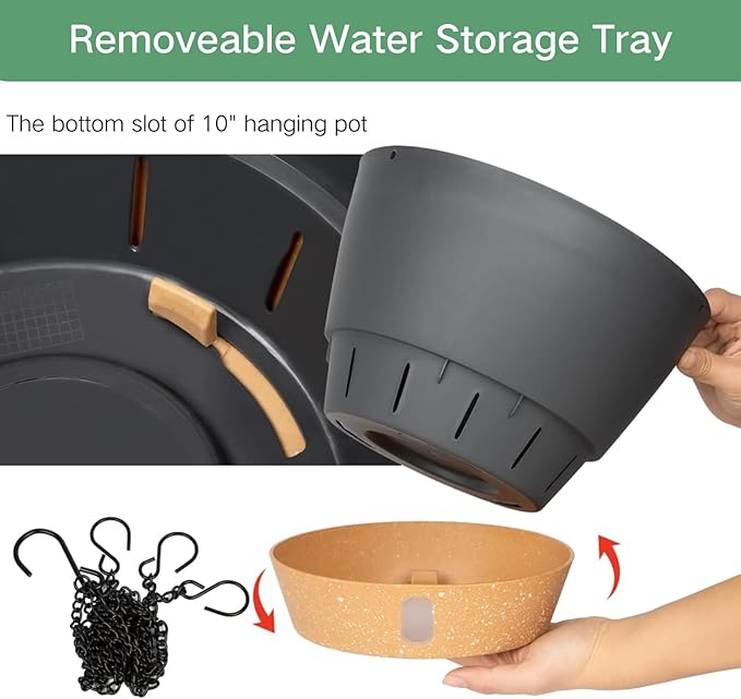 QCQHDU 2 Pack 10 inch Hanging Planters for Indoor Plants, Outdoor Hanging Baskets, Self Watering Pots with Drainage Holes & Removable Tray (Dark Grey, 10 inch)