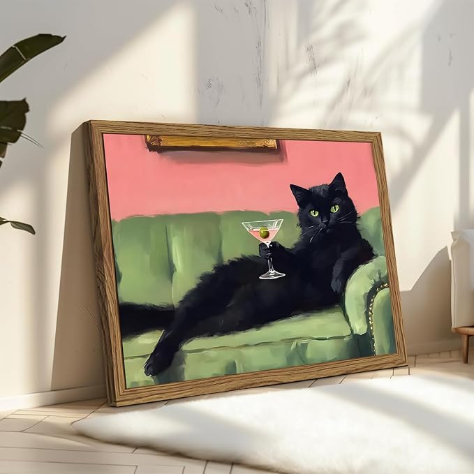 Funny Black Cat Martini Wall Art, Bar Cart Decor, Eclectic Cocktail Painting - Image 4