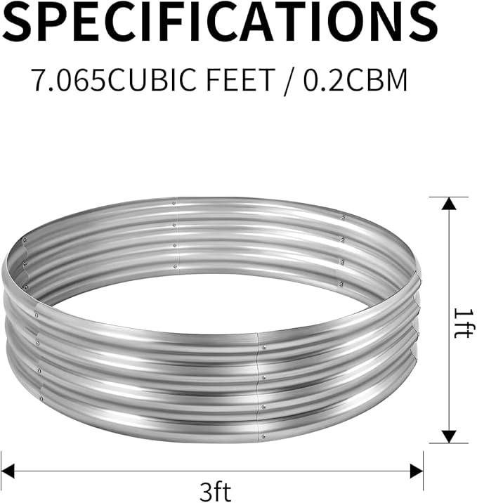 Land Guard 3×3×1ft Galvanized Raised Garden Bed Kit, Round Galvanized Planter Raised Garden Boxes Outdoor, Large Metal Raised Garden Beds for Vegetables, Silver