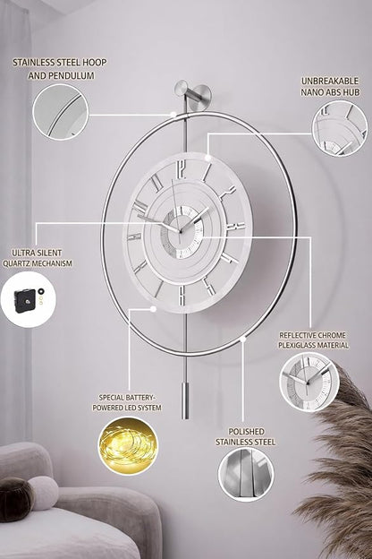 Large Luxury LED Backlit Wall Clock – Pendulum Roman Numeral Metal Ring - Image 3
